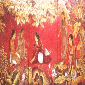 Nguyen Van Hai , vietnam artist , vietnam painting , vietnam art , lacquer painting , ladies , Spring garden