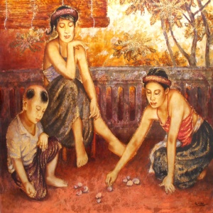Nguyen Van Hai , vietnam artist , vietnam painting , vietnam art , lacquer painting , playing a game