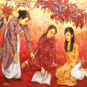 Nguyen Van Hai , vietnam artist , vietnam painting , vietnam art , lacquer painting , schoolgirls