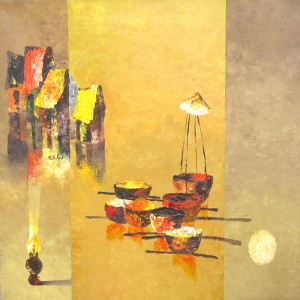 Thai Vinh Thanh , oil painting , vietnam artist , market , evening