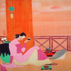 Vu Tuan , vietnam artist , vietnam art , vietnam painting , lady , tea
